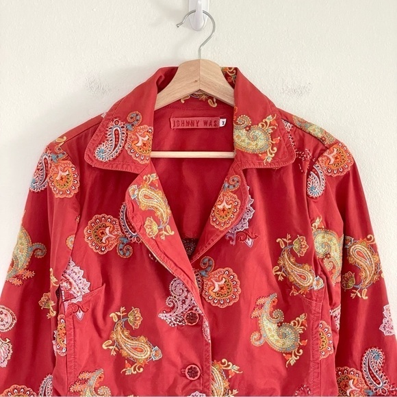 Johnny Was Paisley Floral Embroidered Twill Cotton Jacket Red Orange Medium - Picture 3 of 14